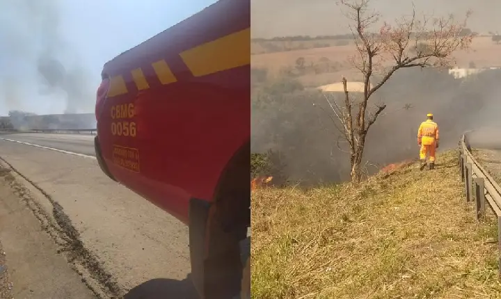 Bombeiros combatem incêndio em vegetação próxima ao frigorífico de Araxá, na BR-452