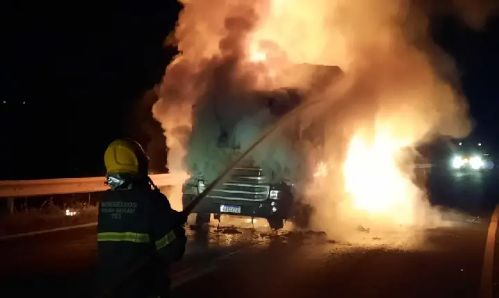 Caminhão frigorífico pega fogo na BR-452,em Perdizes e carga de 17 toneladas de carne é destruída