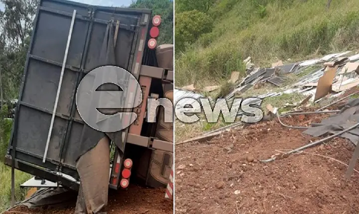 Carreta carregada com placas solares tomba na BR-262 sentido Campos Altos/Luz