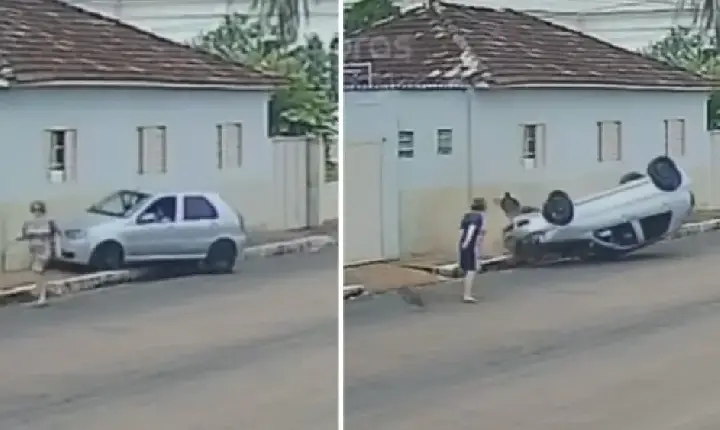 Carro capota e quase atinge mulher que passeava com cachorro em Luz MG