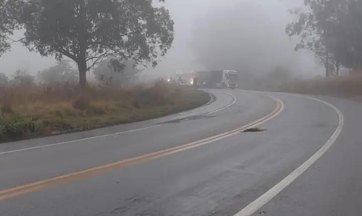 Trânsito fica lento após carreta colidir com carro de passeio na BR-262 em Campos Altos