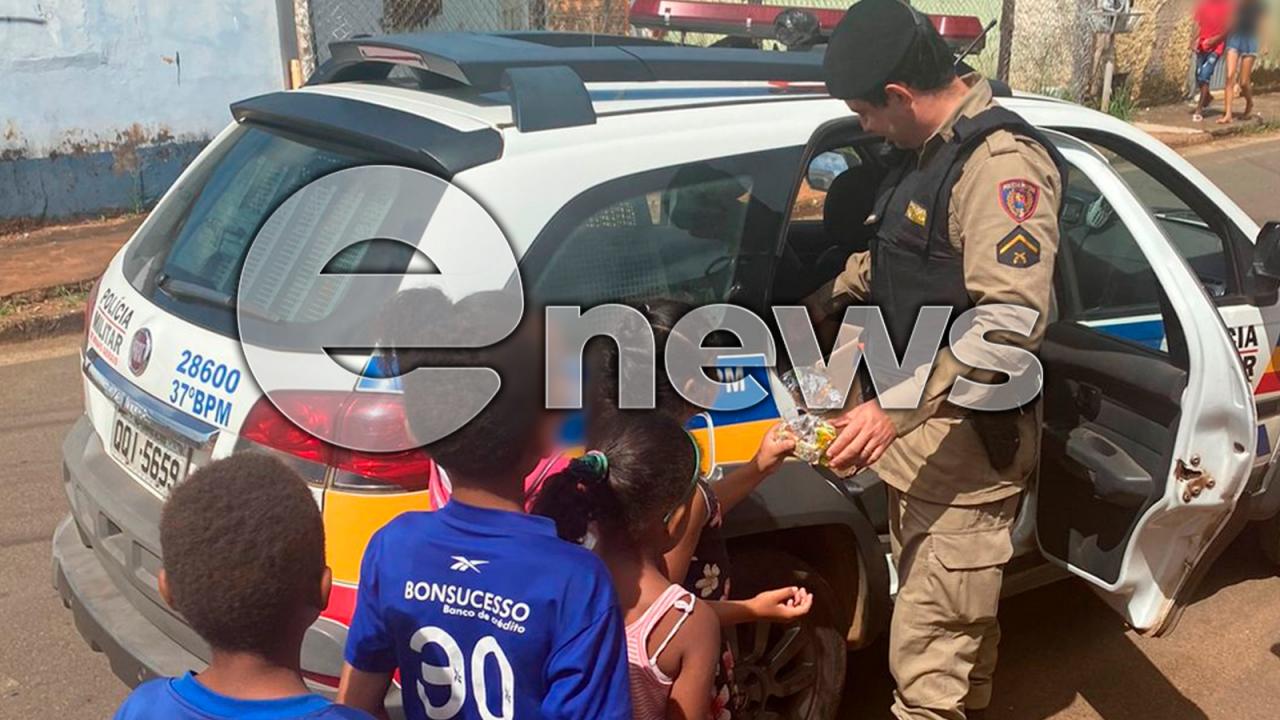 Com apoio da PM, Centro Espírita Allan Kardec distribui ovos de Páscoa para crianças, em Campos Altos