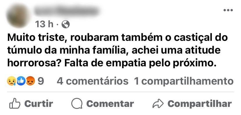 Castiçal com mais de duas décadas de história é furtado no cemitério em Campos Altos