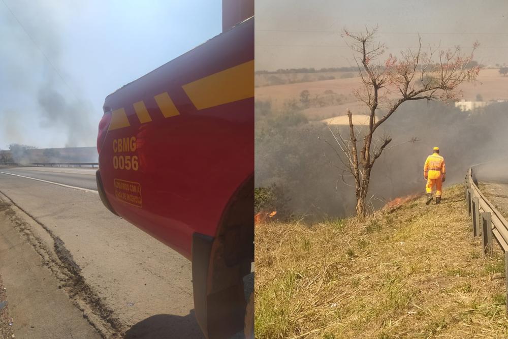 Bombeiros combatem incêndio em vegetação próxima ao frigorífico de Araxá, na BR-452