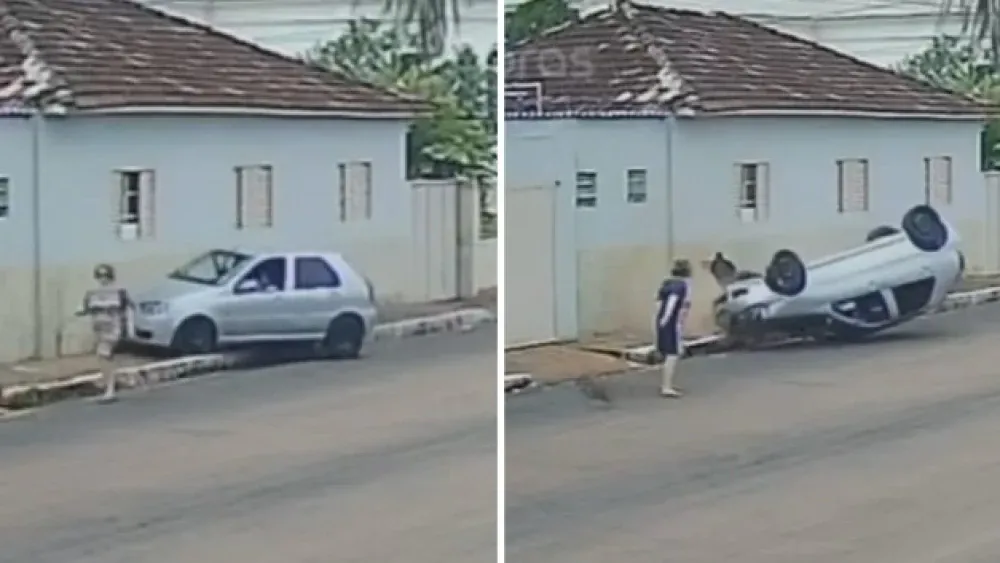 Carro capota e quase atinge mulher que passeava com cachorro em Luz MG