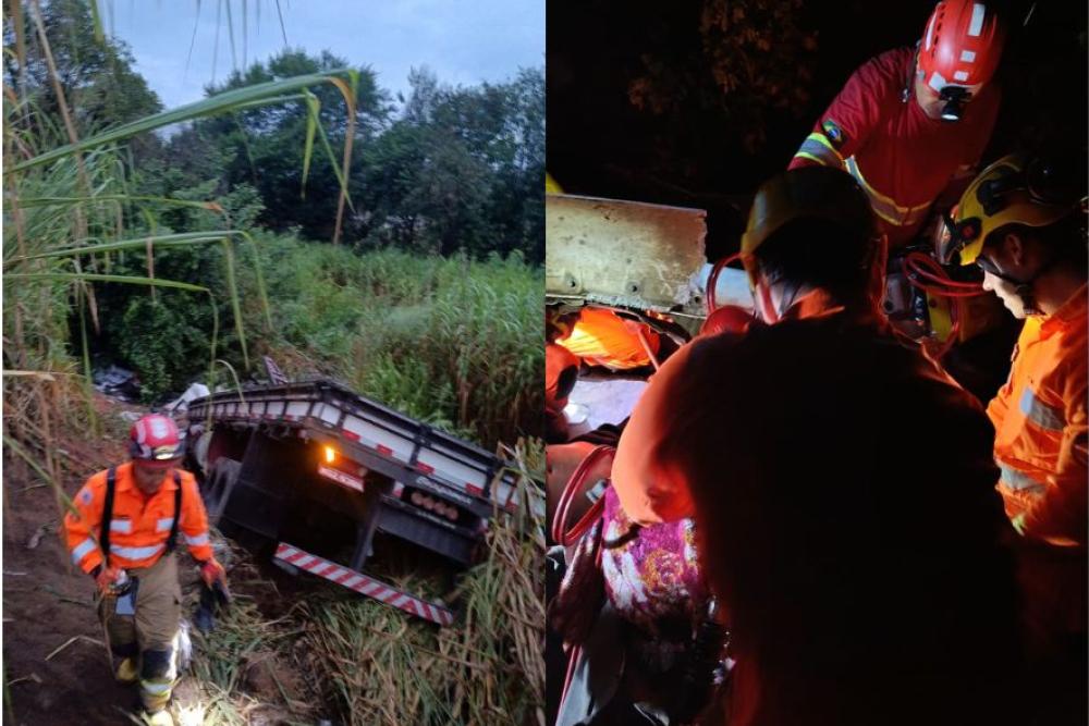 Caminhão com placas de granito cai em ribanceira na BR-262 em Araxá e motorista fica preso às ferragens