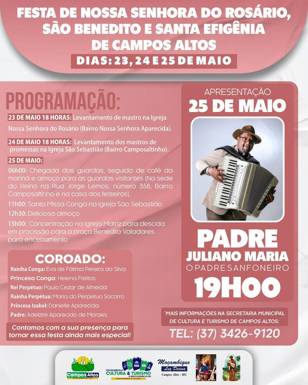 Vem aí a tradicional Festa de Nossa Senhora do Rosário, São Benedito e Santa Efigênia em Campos Altos!